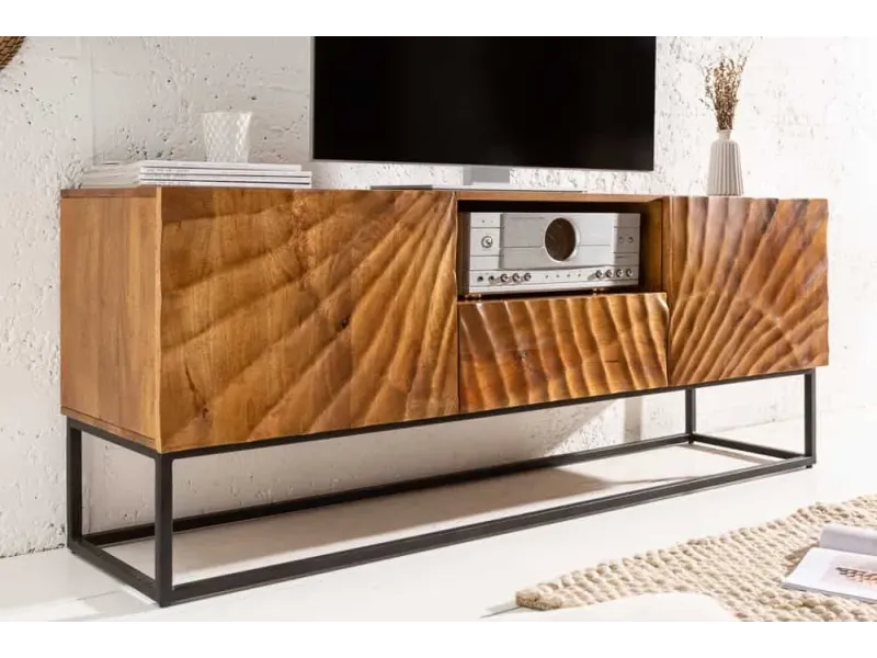 Meuble TV bas massif SCORPION 160 cm en bois de manguier avec sculptures 3D élaborées