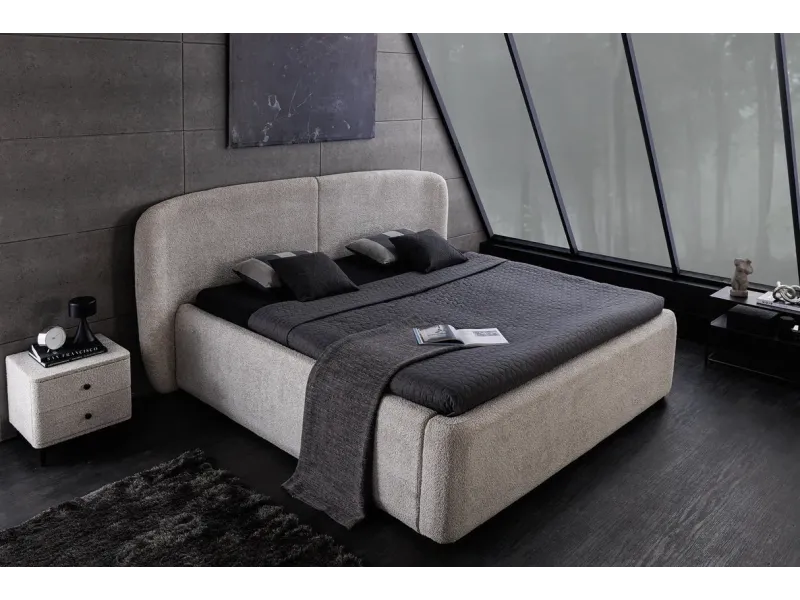 Lit ART DÉCO 180x200 cm – Bouclé grège avec rangements intégrés