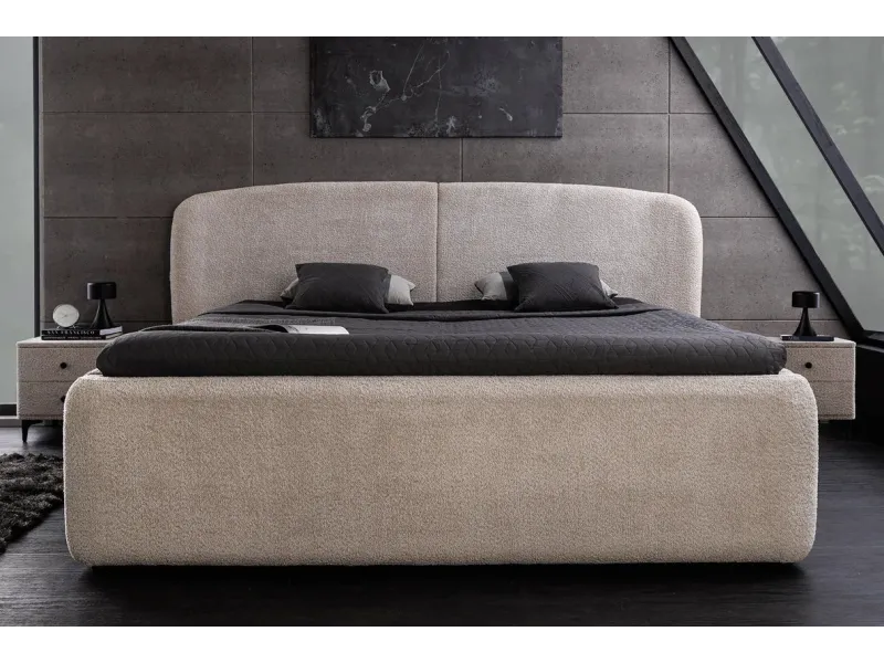 Lit ART DÉCO 180x200 cm – Bouclé grège avec rangements intégrés