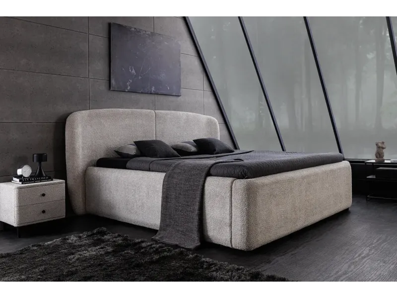 Lit ART DÉCO 180x200 cm – Bouclé grège avec rangements intégrés
