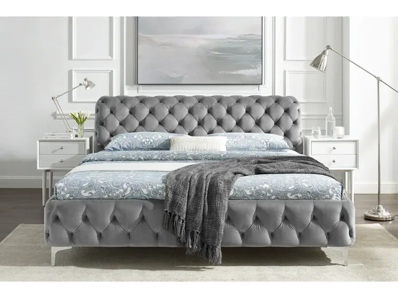 Lit MODERN BAROCK 160 x 200 cm – Velours gris style Chesterfield baroque