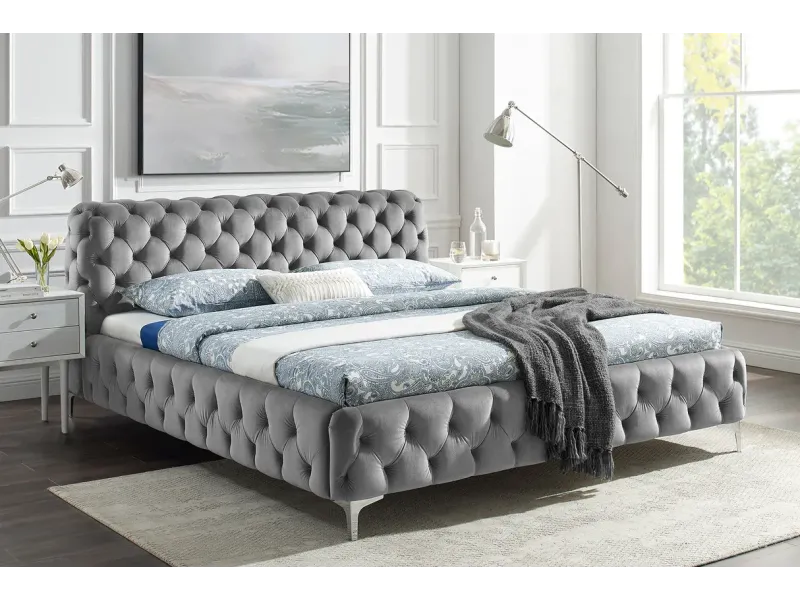 Lit MODERN BAROCK 180 x 200 cm – Velours gris style Chesterfield baroque