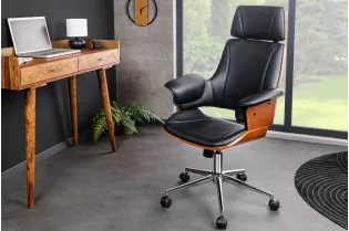 Chaise de bureau Manhattan – Similicuir noir & bois de noyer