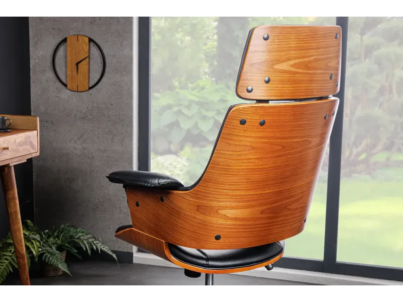 Chaise de bureau Manhattan – Similicuir noir & bois de noyer