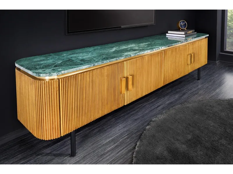 Meuble TV VENEZIANO 160 cm – Bois de manguier & plateau en marbre