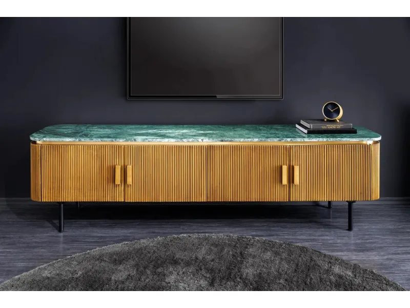 Meuble TV VENEZIANO 160 cm – Bois de manguier & plateau en marbre