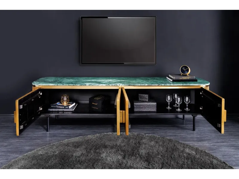 Meuble TV VENEZIANO 160 cm – Bois de manguier & plateau en marbre