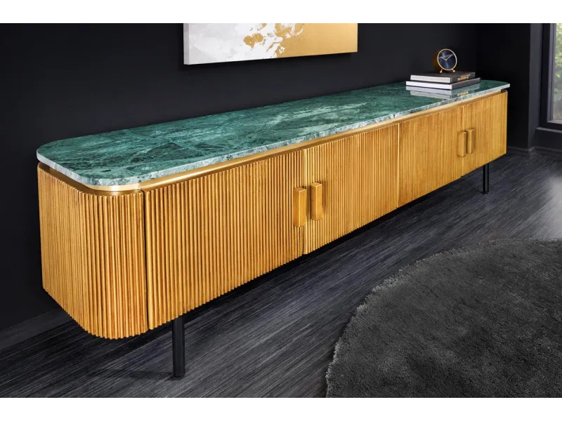 Meuble TV VENEZIANO 160 cm – Bois de manguier & plateau en marbre