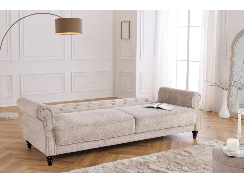 Canapé-lit Chesterfield 3 places grège bouclé | Adenia Home