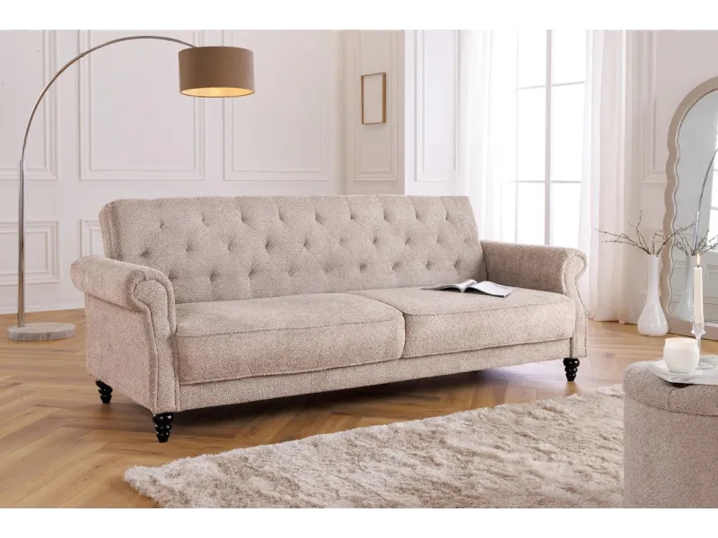 Canapé-lit Chesterfield 3 places grège bouclé | Adenia Home