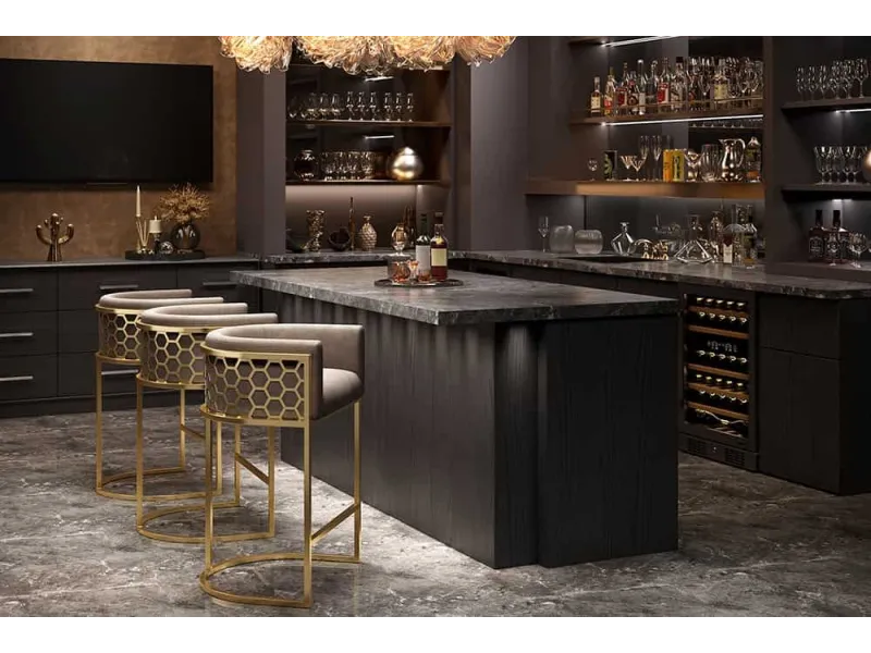 Tabouret de bar 100cm en velours coloris gris argenté avec accoudoirs pas cher