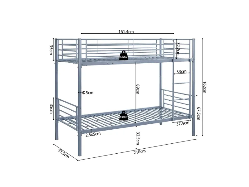 Lit superposé “Sammy” 90x200 cm divisible – Métal gris clair, robuste et modulable