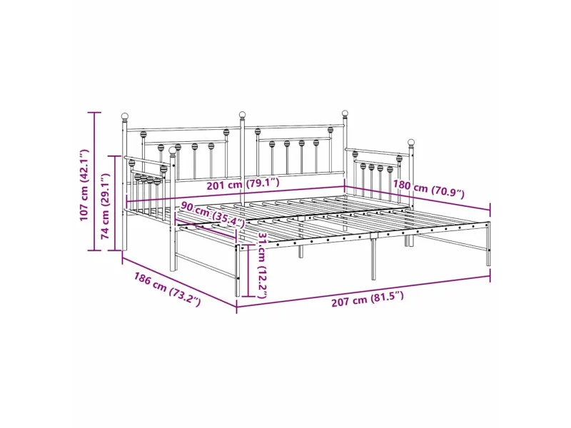 Cadre de lit de jour avec tête de lit Noir 90 x 200 cm Acier