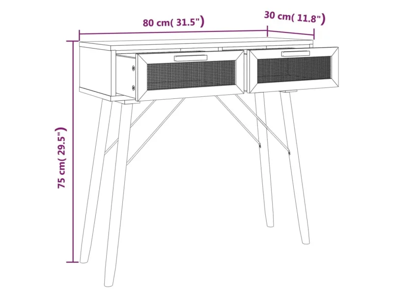 Table console Marron 80x30x75 cm Bois massif pin /rotin naturel