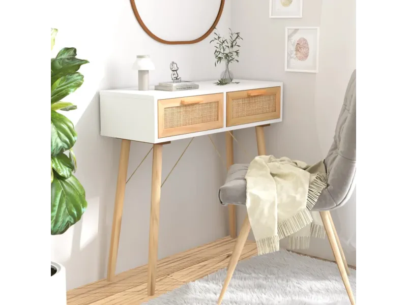 Table console Marron/Blanc 80x30x75 cm Bois massif pin/rotin naturel