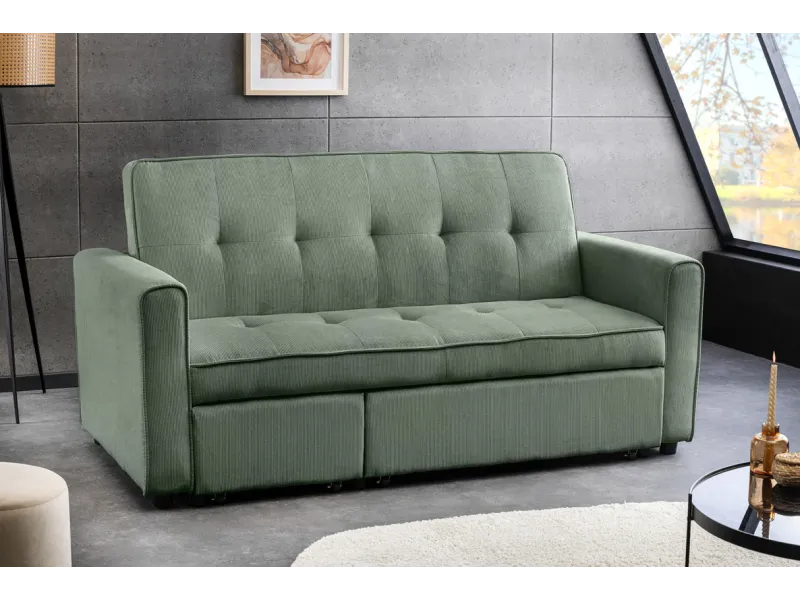 Canapé-lit extensible SMART, 180 cm, velours côtelé vert, canapé 2 places avec ressorts anti-affaissement