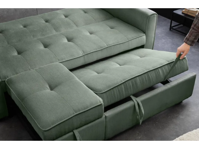 Canapé-lit extensible SMART, 180 cm, velours côtelé vert, canapé 2 places avec ressorts anti-affaissement