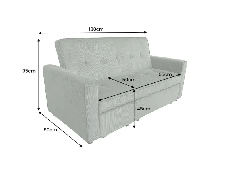 Canapé-lit extensible SMART, 180 cm, velours côtelé vert, canapé 2 places avec ressorts anti-affaissement
