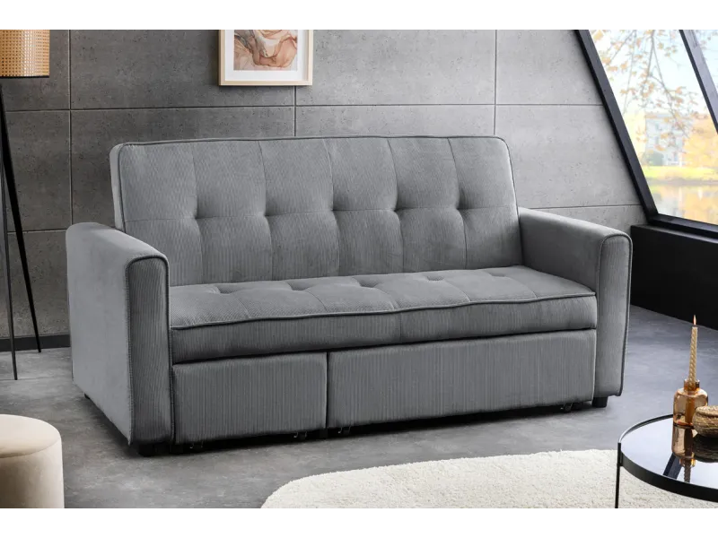 Canapé-lit extensible SMART, 180 cm, velours côtelé gris, canapé 2 places avec ressorts anti-affaissement