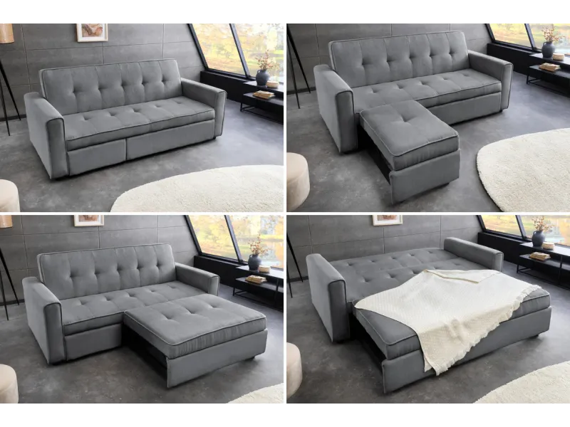 Canapé-lit extensible SMART, 180 cm, velours côtelé gris, canapé 2 places avec ressorts anti-affaissement