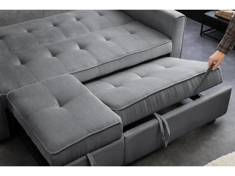 Canapé-lit extensible SMART, 180 cm, velours côtelé gris, canapé 2 places avec ressorts anti-affaissement