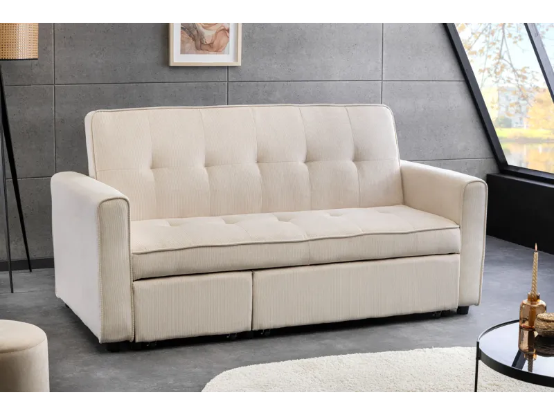 Canapé-lit extensible SMART, 180 cm, velours côtelé beige, canapé 2 places avec ressorts anti-affaissement