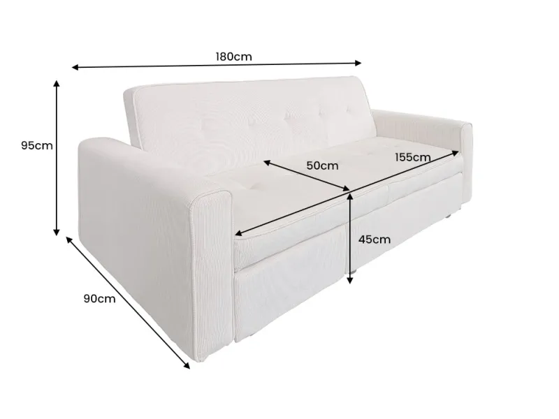 Canapé-lit extensible SMART, 180 cm, velours côtelé beige, canapé 2 places avec ressorts anti-affaissement