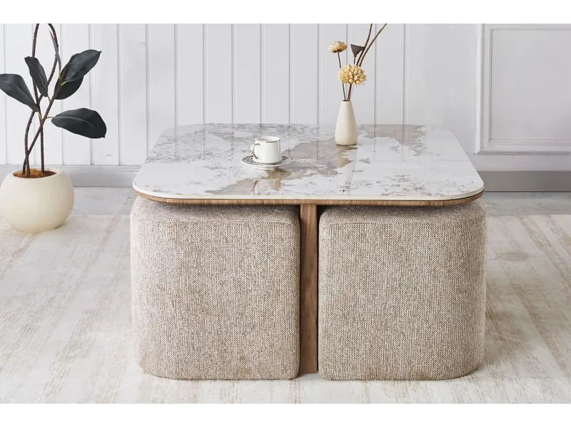 Table basse contemporaine |Table basse avec 6 poufs encastrable, ve...