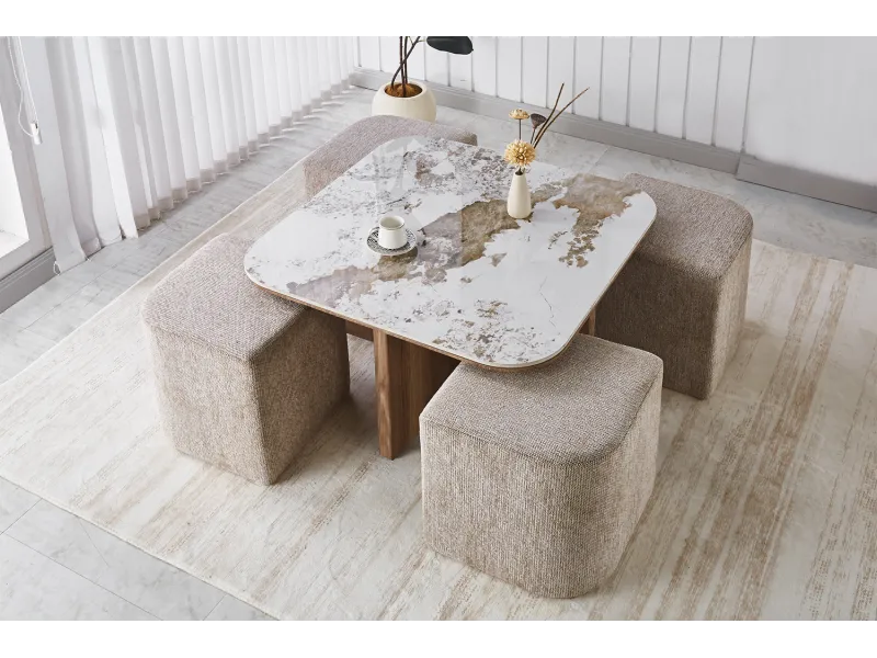 Table basse contemporaine |Table basse avec 6 poufs encastrable, ve...