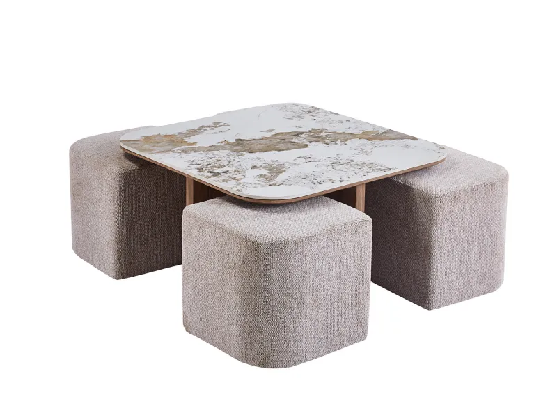 Table basse contemporaine |Table basse avec 6 poufs encastrable, ve...