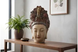 Tête de Bouddha en figurine, 45 cm, multicolore, tête décorative faite main, déesse des fleurs