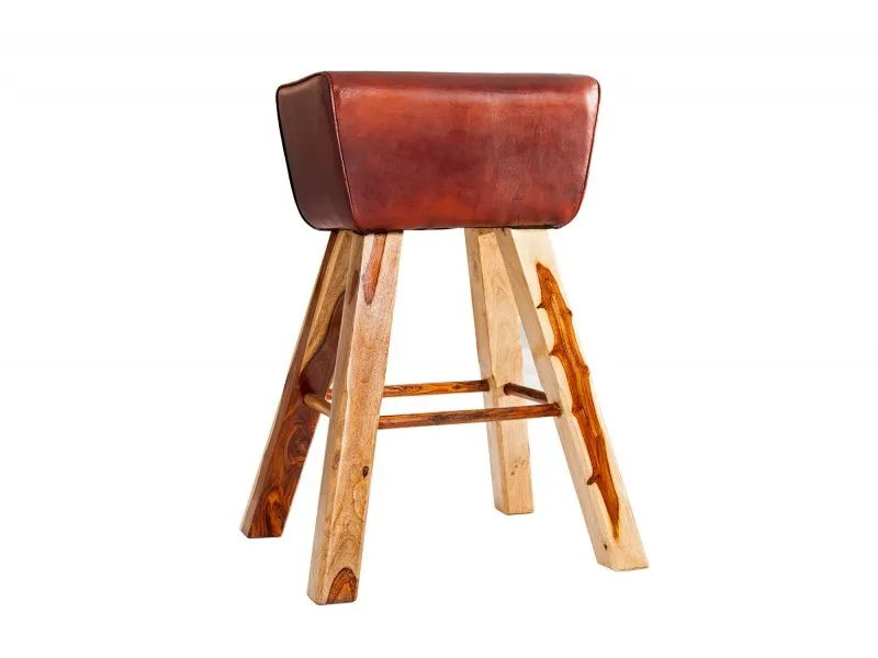 Tabouret design en bois massif et cuir marron