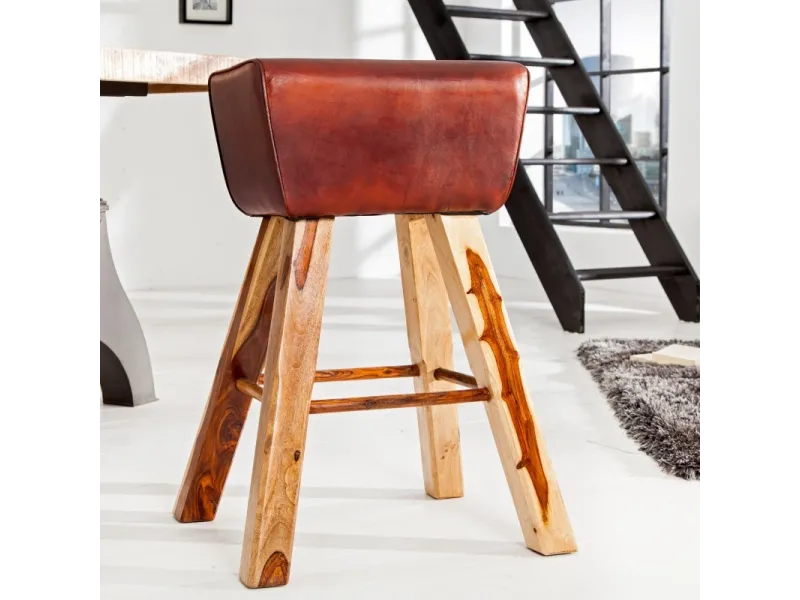 Tabouret design en bois massif et cuir marron