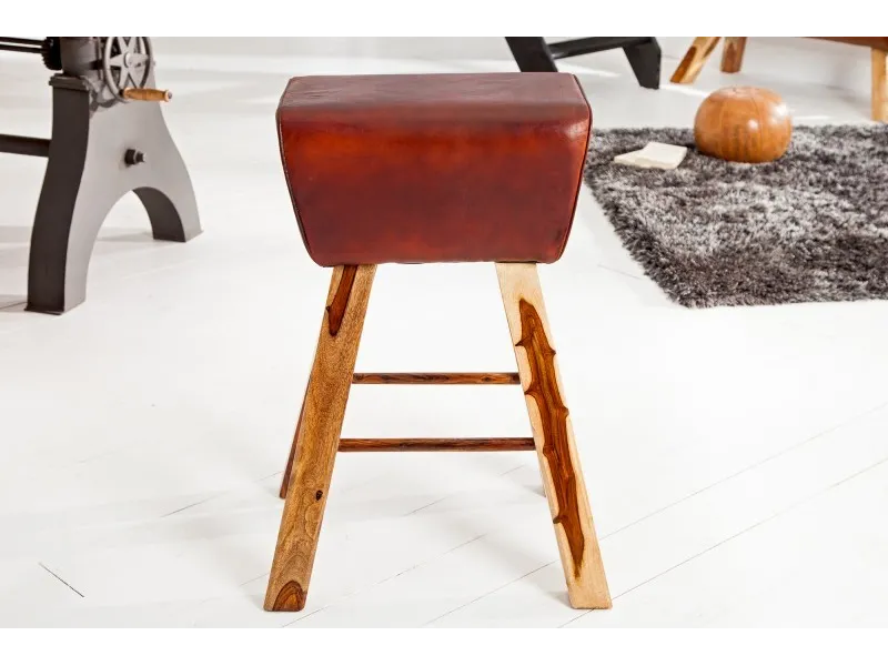 Tabouret design en bois massif et cuir marron