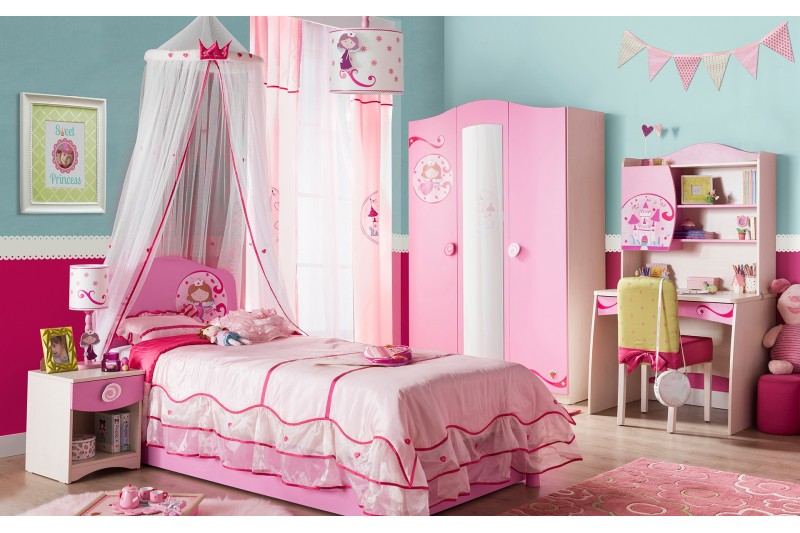 Chambre fille design PRINCESSE avec lit de 90x200 cm coloris rose
