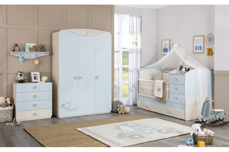 Chambre bébé de style cosy coloris blanc et bleu
