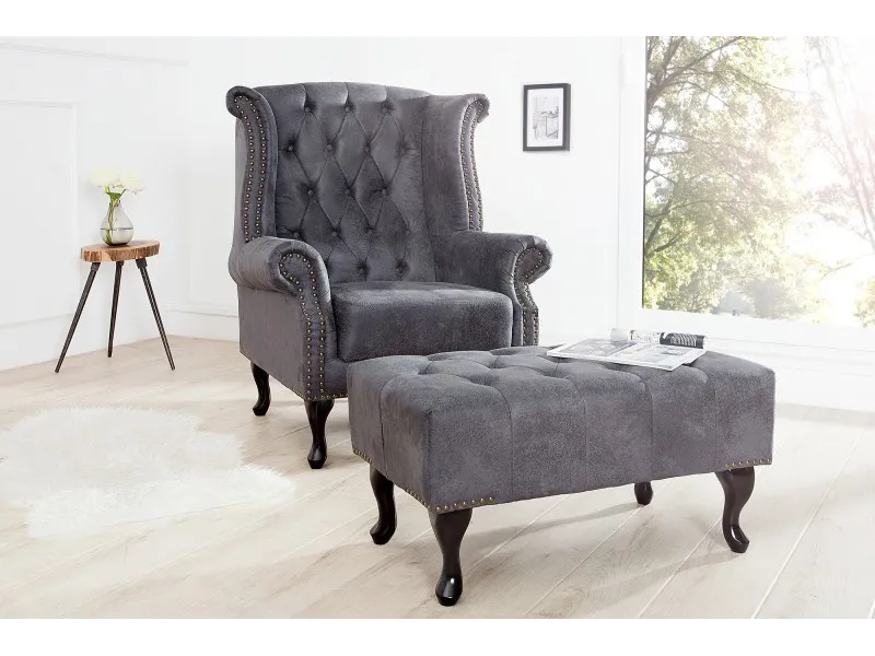 Fauteuil design Chesterfield coloris gris capitonné