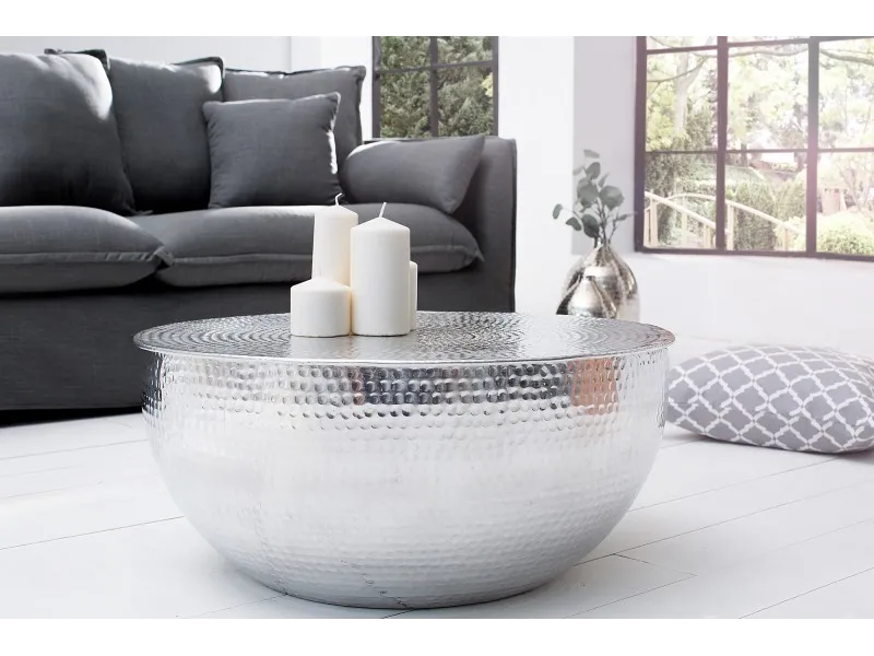 Table basse design ronde de 70cm coloris argenté en aluminium