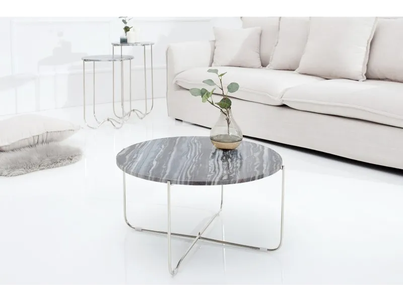 Table basse design en marbre coloris gris avec piétement en métal argenté