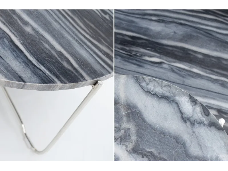 Table basse design en marbre coloris gris avec piétement en métal argenté