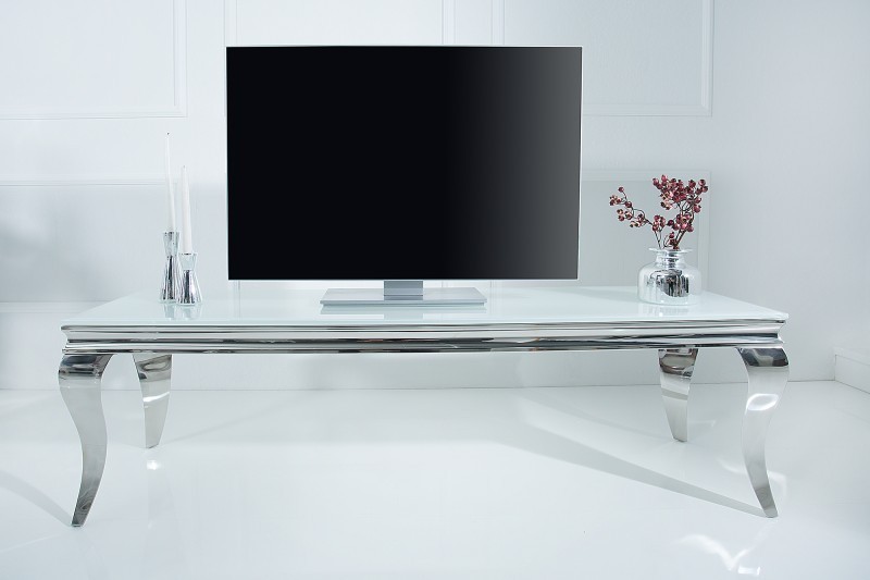 Meuble tv design baroque coloris blanc argenté en verre trempé et acier inoxydable