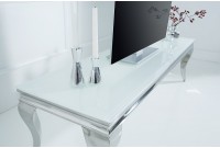 Meuble tv design baroque coloris blanc argenté en verre trempé et acier inoxydable