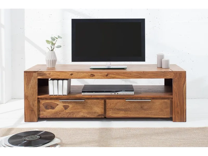 Meuble tv moderne de 135cm en bois massif coloris naturel à 2 tiroirs et une niche