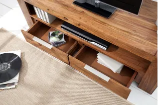 Meuble tv moderne de 135cm en bois massif coloris naturel à 2 tiroirs et une niche 2