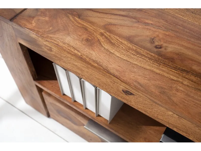 Meuble tv moderne de 135cm en bois massif coloris naturel à 2 tiroirs et une niche