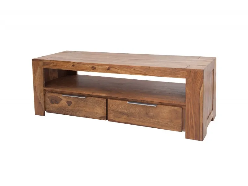 Meuble tv moderne de 135cm en bois massif coloris naturel à 2 tiroirs et une niche