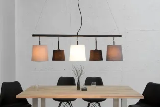 Suspension moderne à 5 lampes de couleur noire, blanche et gris en lin et métal
