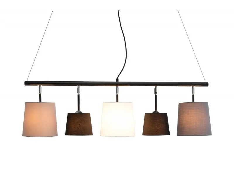 Suspension moderne à 5 lampes de couleur noire, blanche et gris en lin et métal