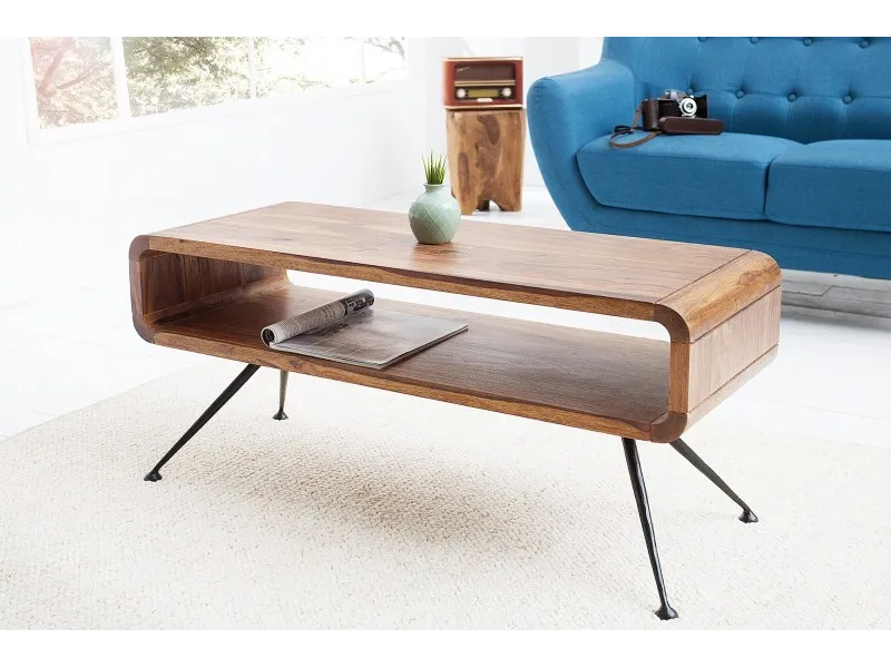Table basse design rétro de 100cm coloris naturel en bois massif avec une niche