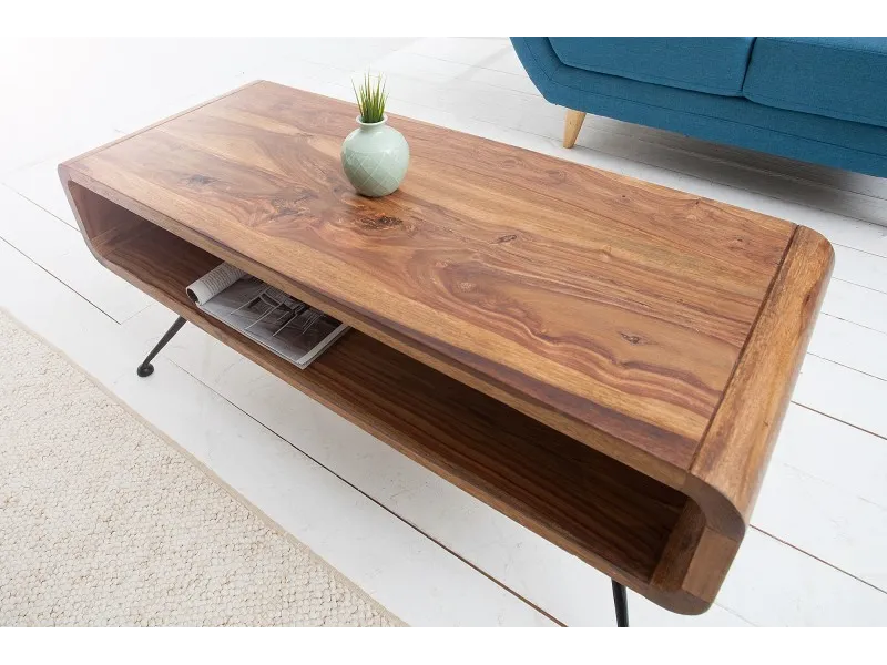 Table basse design rétro de 100cm coloris naturel en bois massif avec une niche